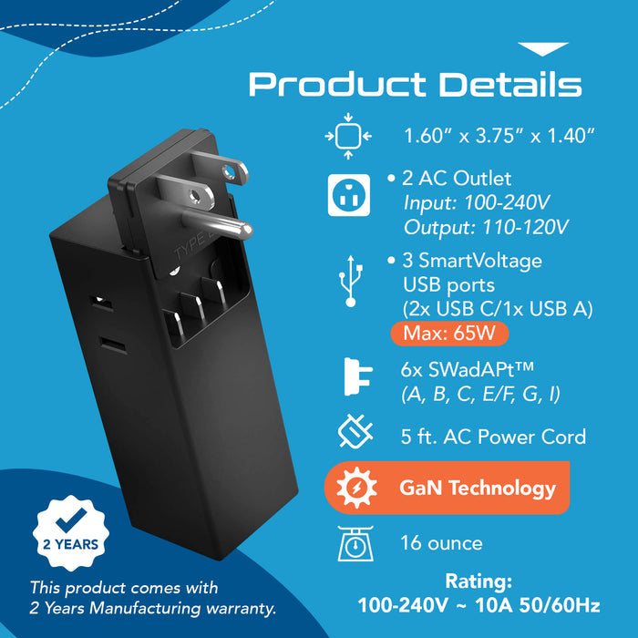 65W World Travel Adapter 3 USB Ports PD 3.0 Ultra Compact Charger (NANFUSE-WS)