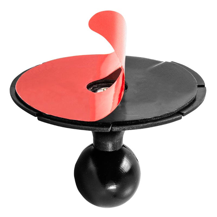 The 70mm Extra-Strength VHB Adhesive Base to 25mm Ball Mounting Disk for Car Dashboards is a round black mount with a red peel-off film, exposing strong 3M VHB adhesive and featuring a 25mm ball for accessory attachment.