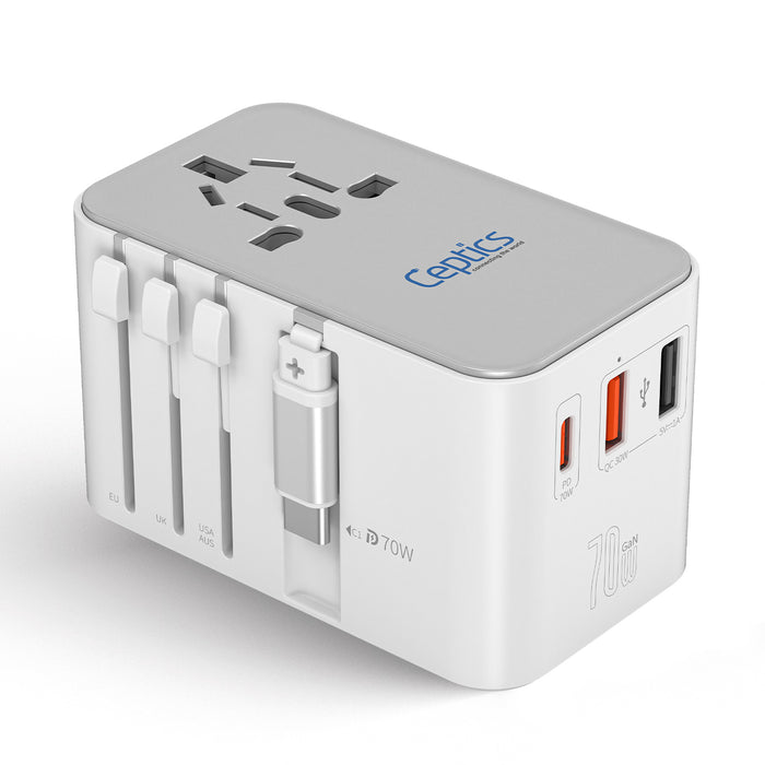 70W Universal Travel Adapter - 2 USB-A + 1 GaN 3.0 retractable USB-C cable & 1 USB-C - (UP-70WC-WH)