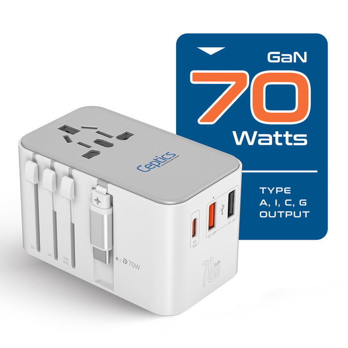 70W Universal Travel Adapter - 2 USB-A + 1 GaN 3.0 retractable USB-C cable & 1 USB-C - (UP-70WC-WH)