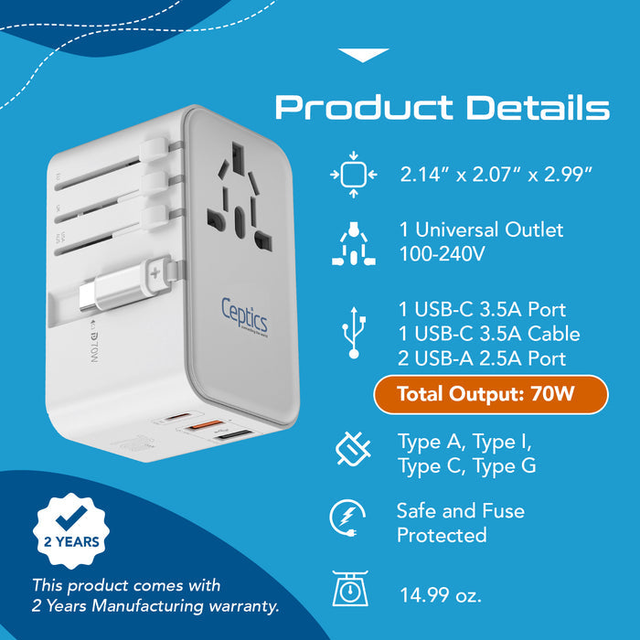 70W Universal Travel Adapter - 2 USB-A + 1 GaN 3.0 retractable USB-C cable & 1 USB-C - (UP-70WC-WH)