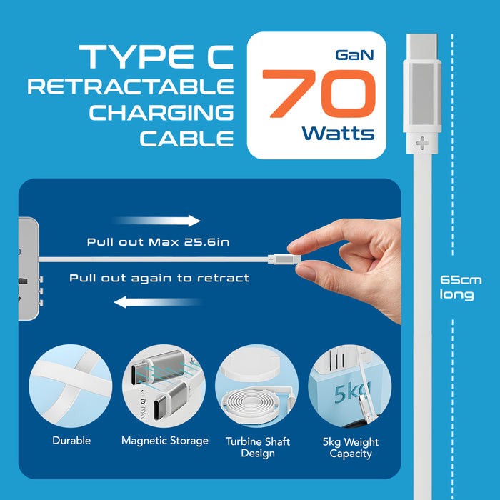 70W Universal Travel Adapter - 2 USB-A + 1 GaN 3.0 retractable USB-C cable & 1 USB-C - (UP-70WC-WH)