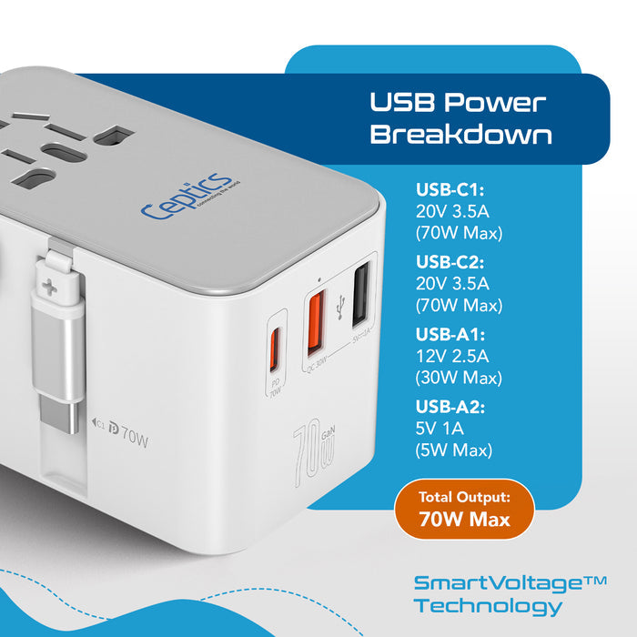 70W Universal Travel Adapter - 2 USB-A + 1 GaN 3.0 retractable USB-C cable & 1 USB-C - (UP-70WC-WH)