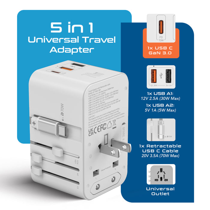 70W Universal Travel Adapter - 2 USB-A + 1 GaN 3.0 retractable USB-C cable & 1 USB-C - (UP-70WC-WH)
