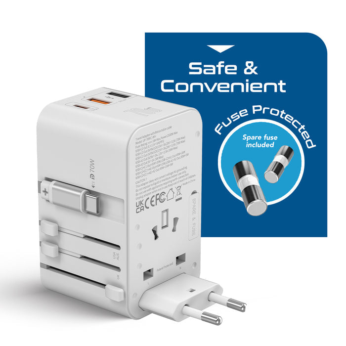 70W Universal Travel Adapter - 2 USB-A + 1 GaN 3.0 retractable USB-C cable & 1 USB-C - (UP-70WC-WH)