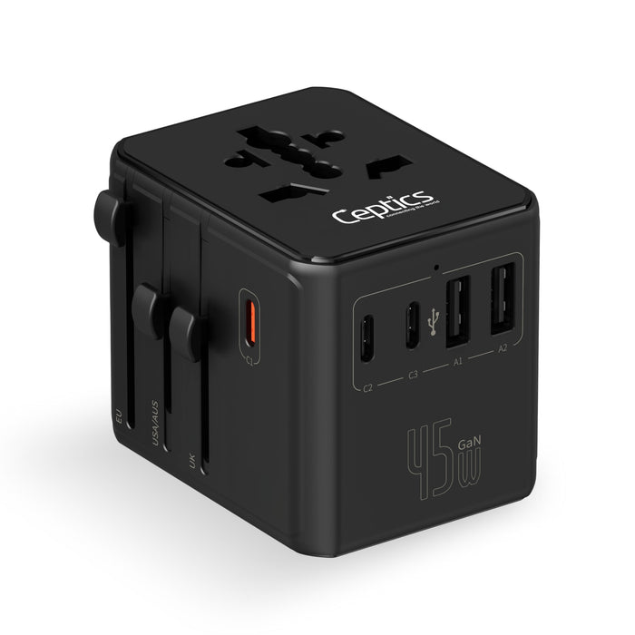 8 in 1 Universal Travel Adapter - Universal socket + 2 US/JP sockets with 2 USB-A + 3 USB-C - Max. 45W (9A) - Black (UP-45KU-BL)