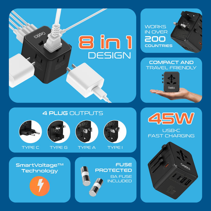 8 in 1 Universal Travel Adapter - Universal socket + 2 US/JP sockets with 2 USB-A + 3 USB-C - Max. 45W (9A) - Black (UP-45KU-BL)