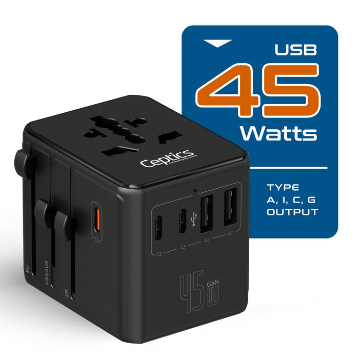 8 in 1 Universal Travel Adapter - Universal socket + 2 US/JP sockets with 2 USB-A + 3 USB-C - Max. 45W (9A) - Black (UP-45KU-BL)