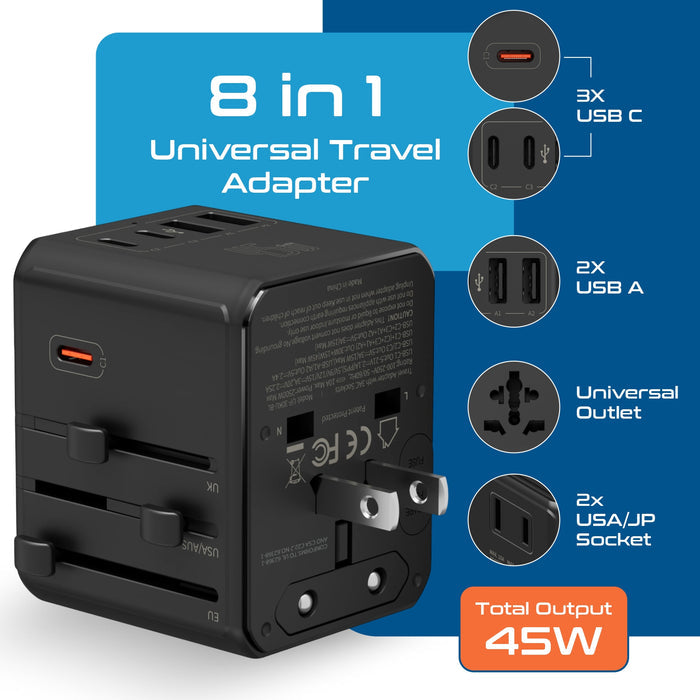 8 in 1 Universal Travel Adapter - Universal socket + 2 US/JP sockets with 2 USB-A + 3 USB-C - Max. 45W (9A) - Black (UP-45KU-BL)