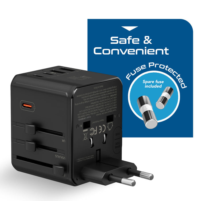 8 in 1 Universal Travel Adapter - Universal socket + 2 US/JP sockets with 2 USB-A + 3 USB-C - Max. 45W (9A) - Black (UP-45KU-BL)