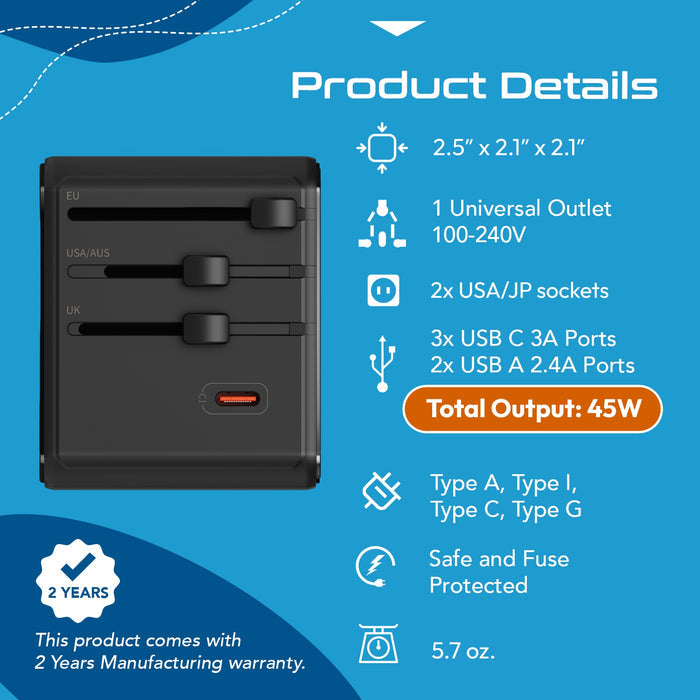 8 in 1 Universal Travel Adapter - Universal socket + 2 US/JP sockets with 2 USB-A + 3 USB-C - Max. 45W (9A) - Black (UP-45KU-BL)