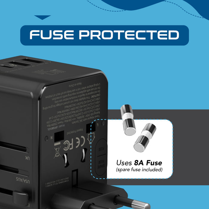 8 in 1 Universal Travel Adapter - Universal socket + 2 US/JP sockets with 2 USB-A + 3 USB-C - Max. 45W (9A) - Black (UP-45KU-BL)