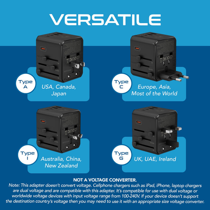 8 in 1 Universal Travel Adapter - Universal socket + 2 US/JP sockets with 2 USB-A + 3 USB-C - Max. 45W (9A) - Black (UP-45KU-BL)