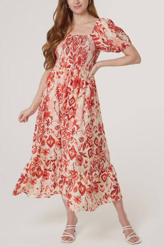 Abstract Floral Puff Sleeve Midi Dress - Orange