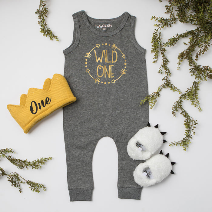 Aegean Blue "Wild One Circle" Slim Fit First Birthday Romper with Gold Writing