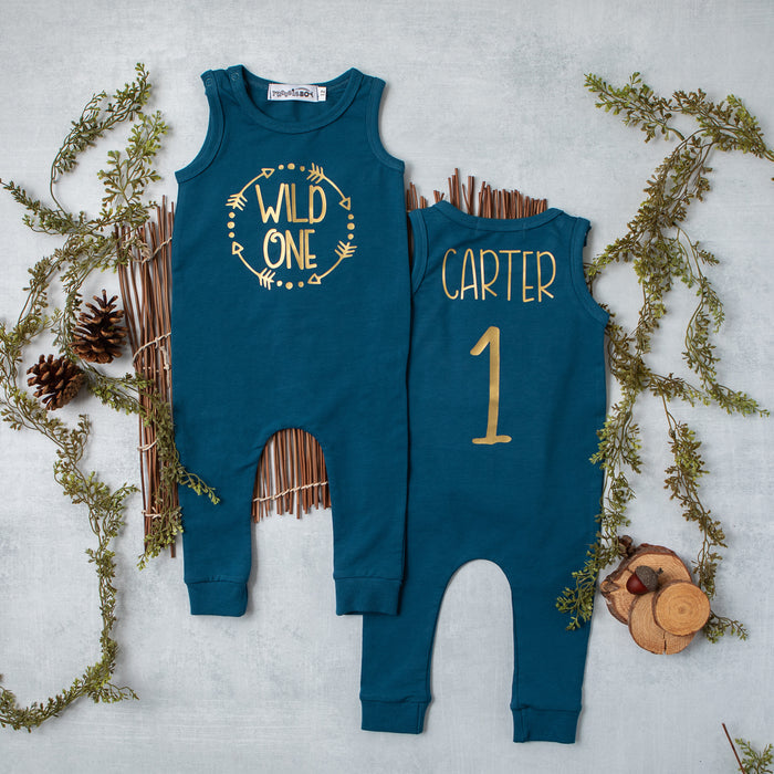 Aegean Blue "Wild One Circle" Slim Fit First Birthday Romper with Gold Writing