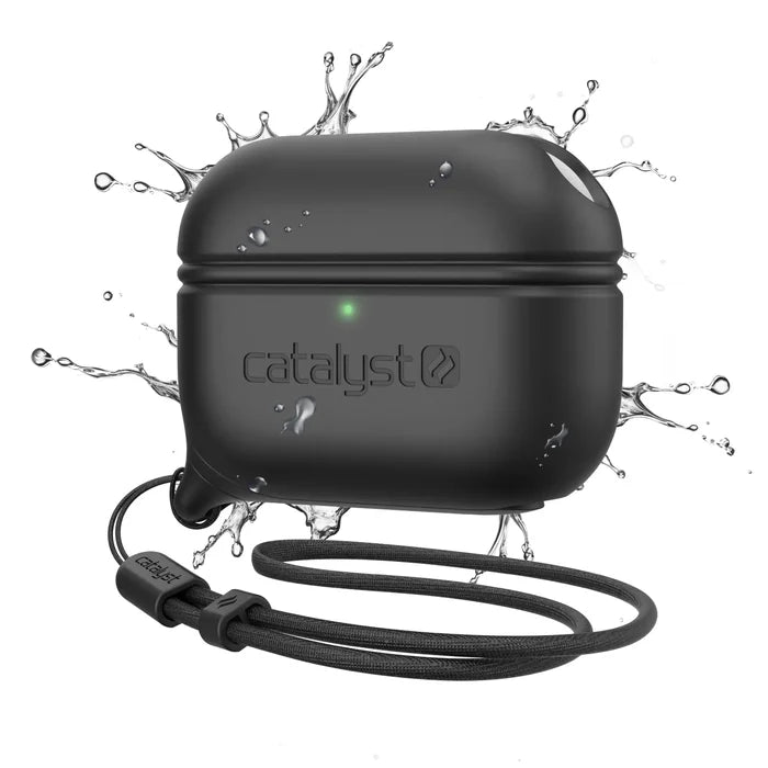 The Catalyst Case US AirPods Pro (Gen 2/1) - Waterproof Case + Lanyard in Stealth Black is shown with water splashes, a green LED indicator, and a textured logo on the front. The background is plain white.