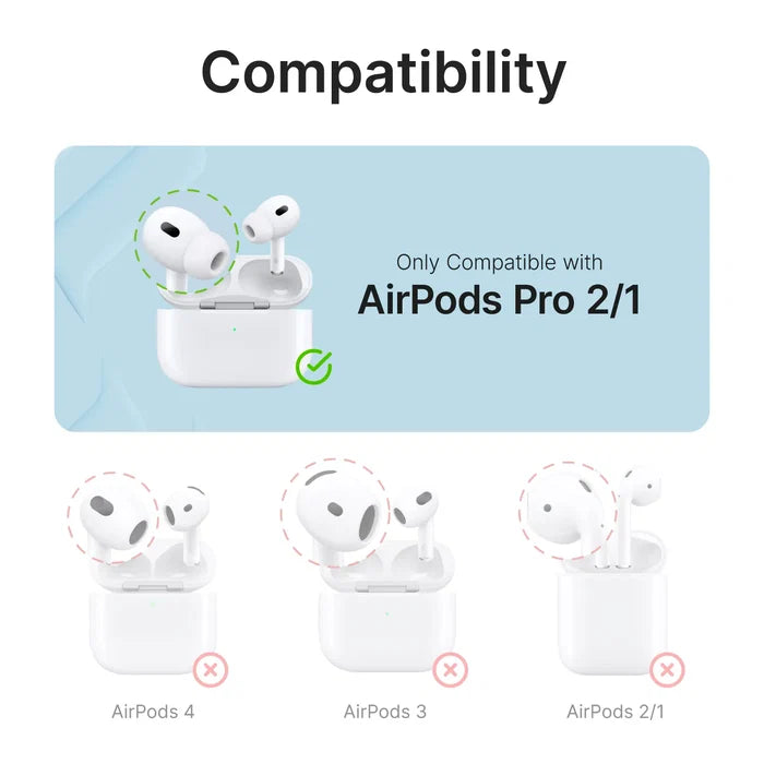 Image displaying AirPods compatibility: Only the AirPods Pro (Gen 2) in a Catalyst Case US Essential Case + Lanyard are marked compatible; other models show red XsÃƒÂ¢Ã¢â€šÂ¬Ã¢â‚¬Âproduct works exclusively with AirPods Pro (Gen 2).