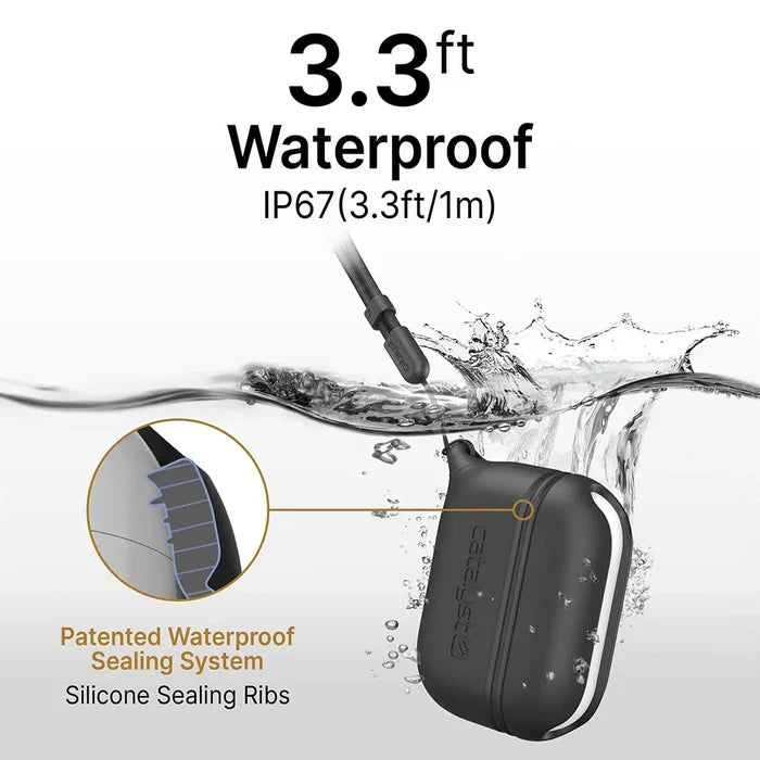 The Catalyst Case US AirPods Pro (Gen 2/1) Waterproof Case + Lanyard is shown underwater, highlighting its IP67 waterproof rating (up to 3.3 feet/1 meter) and patented silicone sealing ribs for superior protection. Text details these features.