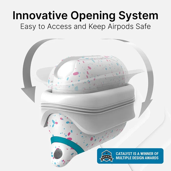 The Catalyst Case US AirPods Pro (Gen 2/1) Waterproof Case + Lanyard is shown in speckled white with blue and pink dots, featuring an innovative sliding opening system for easy access and safety. Badge highlights its design awards.
