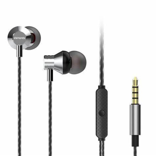 Aiwa in-ear headphones in silver color with a microphone and a 3.5 mm audio jack, featuring an ergonomic design and a durable construction.