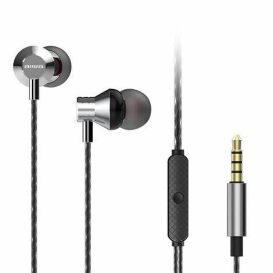 Aiwa in-ear headphones in silver color with a microphone and a 3.5 mm audio jack, featuring an ergonomic design and a durable construction.