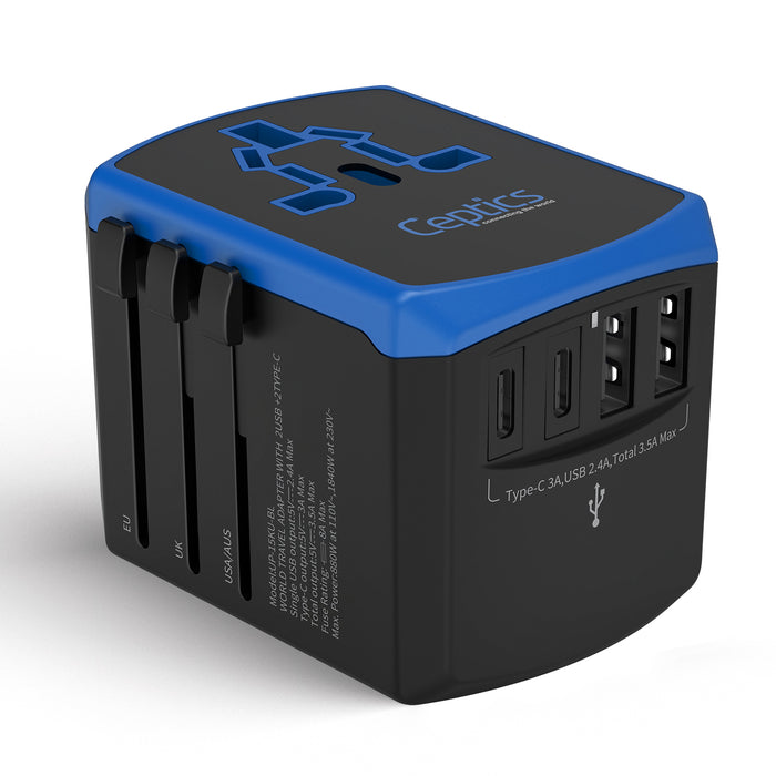 All-In-One International Travel Adapter - 5 in 1 - 2 USB-A & 2 USB-C - Max. 17.5W (3.5A) (UP-15KU-BL)