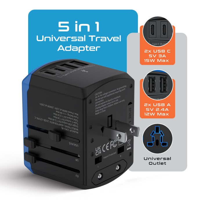 All-In-One International Travel Adapter - 5 in 1 - 2 USB-A & 2 USB-C - Max. 17.5W (3.5A) (UP-15KU-BL)