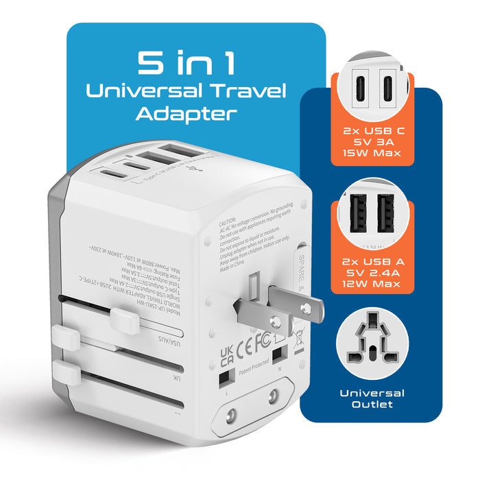 All-In-One International Travel Adapter - 5 in 1 - 2 USB-A & 2 USB-C - Max. 17.5W (3.5A) - White (UP-15KU-WH)