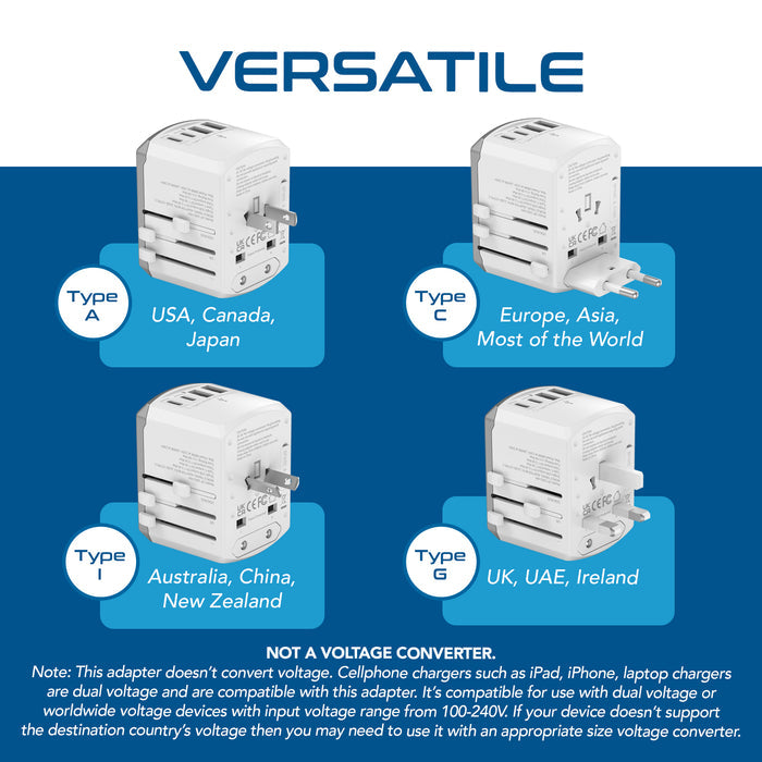 All-In-One International Travel Adapter - 5 in 1 - 2 USB-A & 2 USB-C - Max. 17.5W (3.5A) - White (UP-15KU-WH)