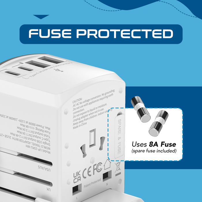 All-In-One International Travel Adapter - 5 in 1 - 2 USB-A & 2 USB-C - Max. 17.5W (3.5A) - White (UP-15KU-WH)