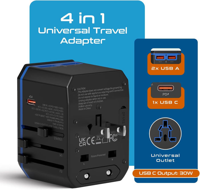 All-In-One International Travel Plug Adapter - USB C (PD-QC) - 2 USB Ports (UP-10KU)