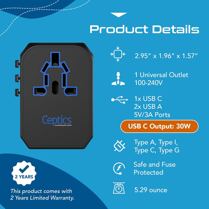 All-In-One International Travel Plug Adapter - USB C (PD-QC) - 2 USB Ports (UP-10KU)
