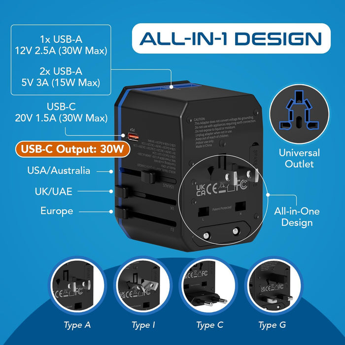 All-In-One International Travel Plug Adapter - USB C (PD-QC) - 2 USB Ports (UP-10KU)