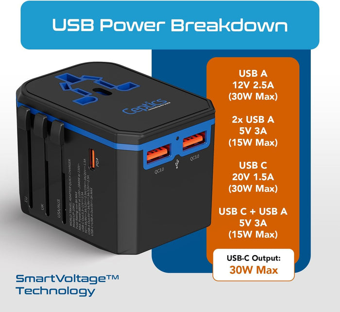 All-In-One International Travel Plug Adapter - USB C (PD-QC) - 2 USB Ports (UP-10KU)
