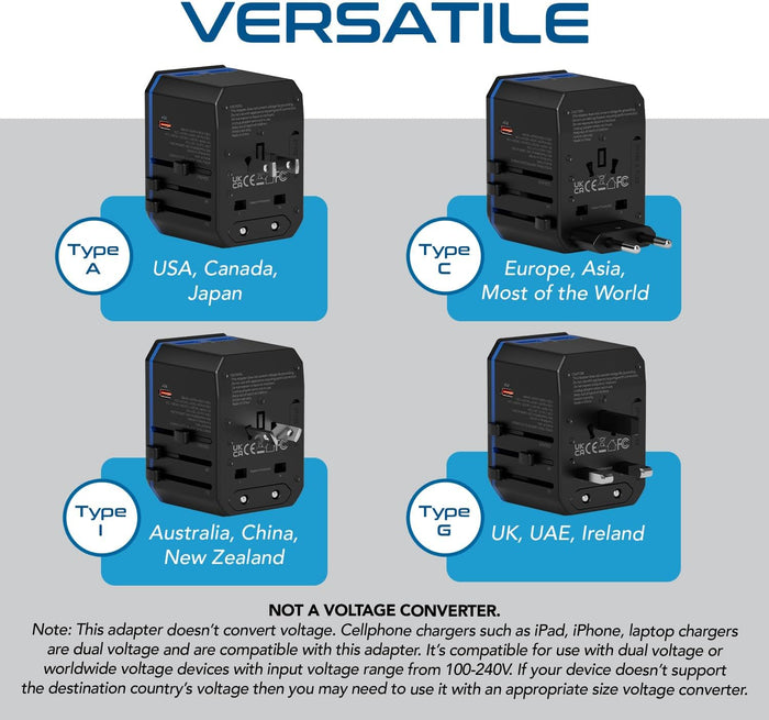 All-In-One International Travel Plug Adapter - USB C (PD-QC) - 2 USB Ports (UP-10KU)