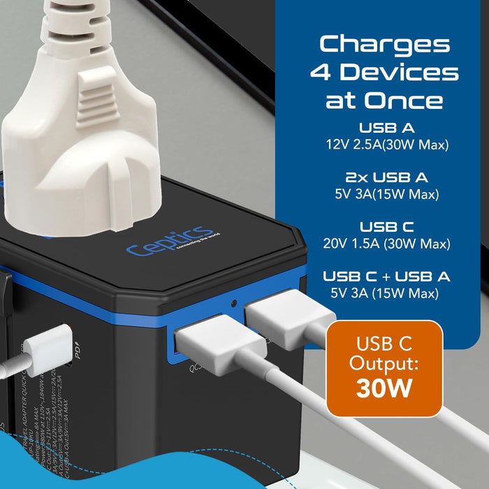 All-In-One International Travel Plug Adapter - USB C (PD-QC) - 2 USB Ports (UP-10KU)