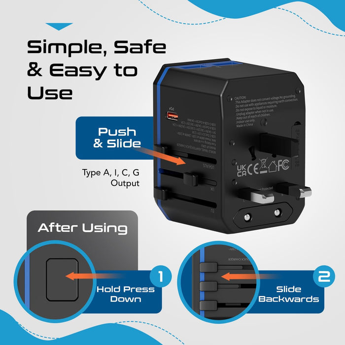 All-In-One International Travel Plug Adapter - USB C (PD-QC) - 2 USB Ports (UP-10KU)