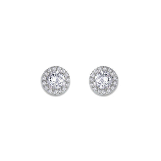 From the Anastasia Collection by Anna Zuckerman Luxury, Sterling Silver CZ Halo Stud Earrings.