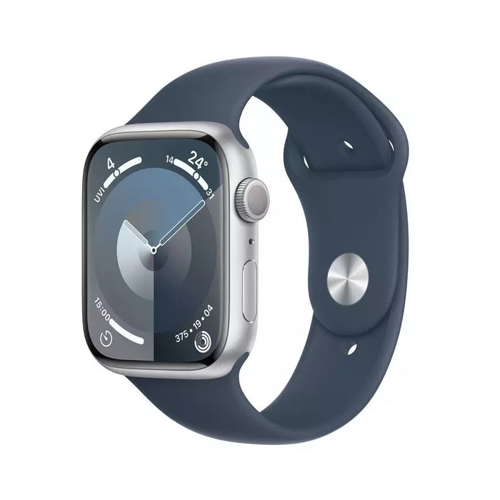 Apple Watch Series 9 GPS 45mm, Silver Aluminium Case with Light Blue Sport Band, Apple Replacement