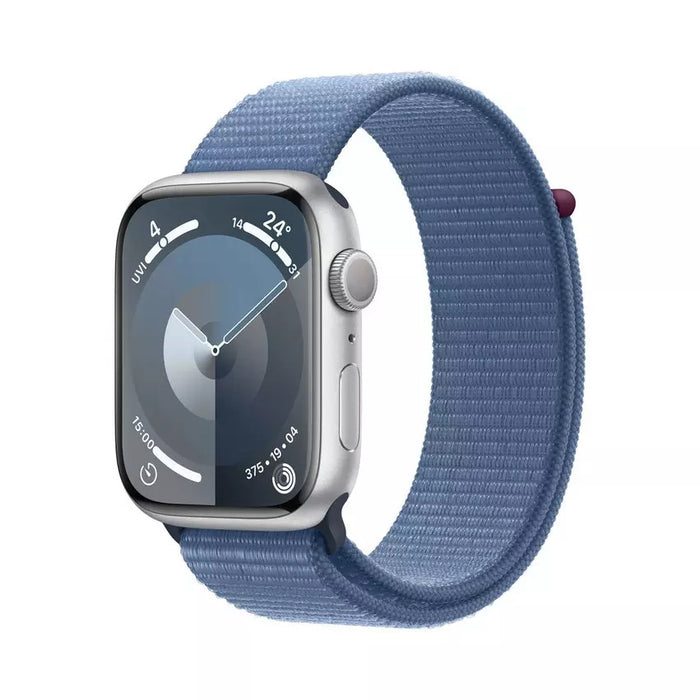Apple Watch Series 9 GPS 45mm, Silver Aluminium Case with Light Blue Sport Loop, Apple Replacement