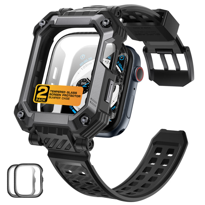 Apple Watch Unicorn Beetle PRO GLASS Rugged Wristband Case with Tempered Glass Screen Protector 45mm-Black