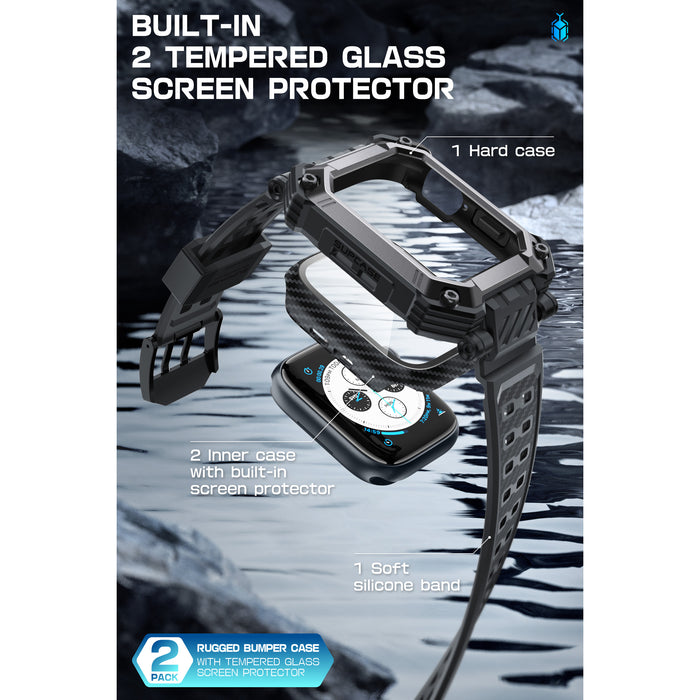Apple Watch Unicorn Beetle PRO GLASS Rugged Wristband Case with Tempered Glass Screen Protector 45mm-Black