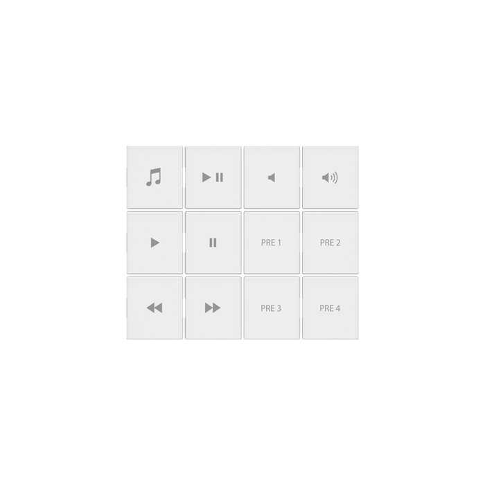 A white audio button kit designed for use with a keypad, featuring various symbols for media control such as play, pause, next track, and volume adjustment.