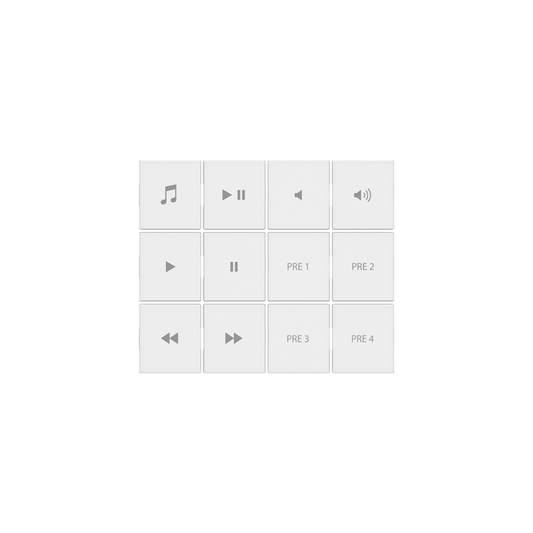 A white audio button kit designed for use with a keypad, featuring various symbols for media control such as play, pause, next track, and volume adjustment.