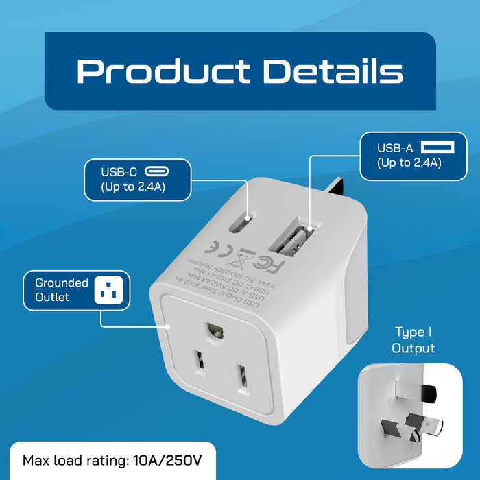 Australia, China Travel Adapter - Type I - USB A + USB C (CTU-16)