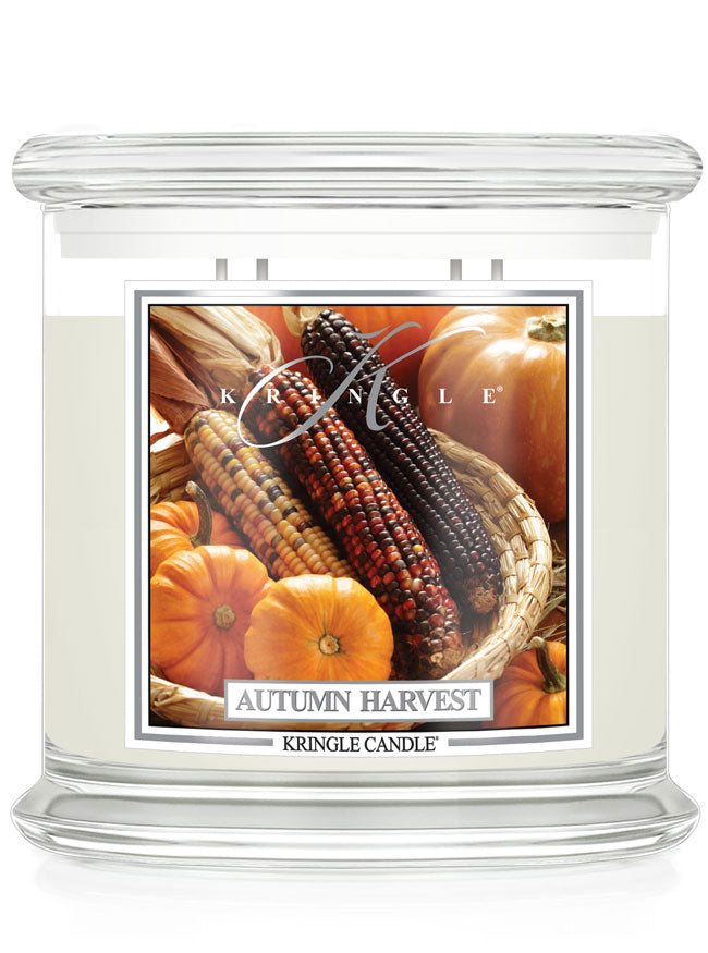 Autumn Harvest 4-wick candle with corn and pumpkin design by Kringle Candle