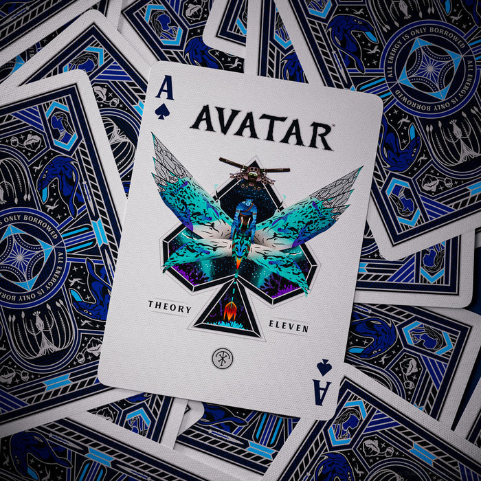 Playing card with 'Avatar' design on a patterned background
