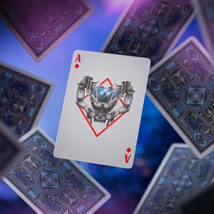 Playing card with a unique design on a blurred background of other playing cards