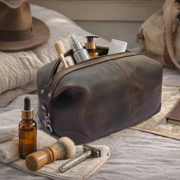 Avery Leather Toiletry Bag - Premium Travel Shaving Dopp Kit